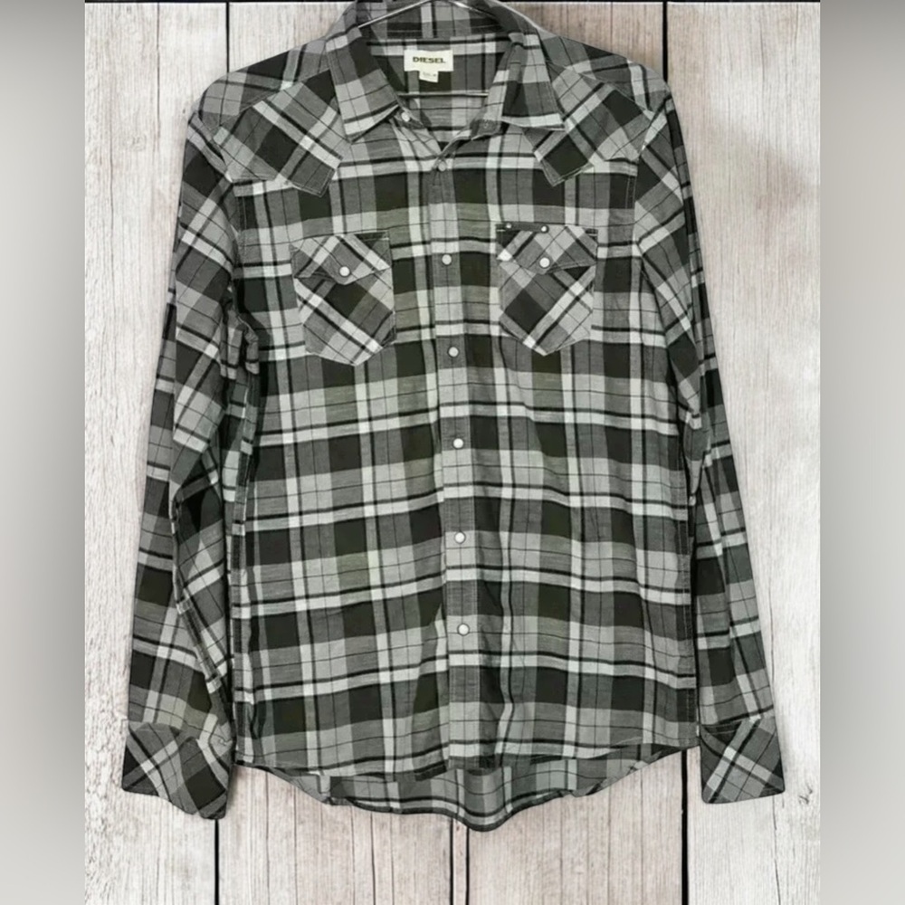 Vintage Diesel White & Grey Plaid Button Up Size Small